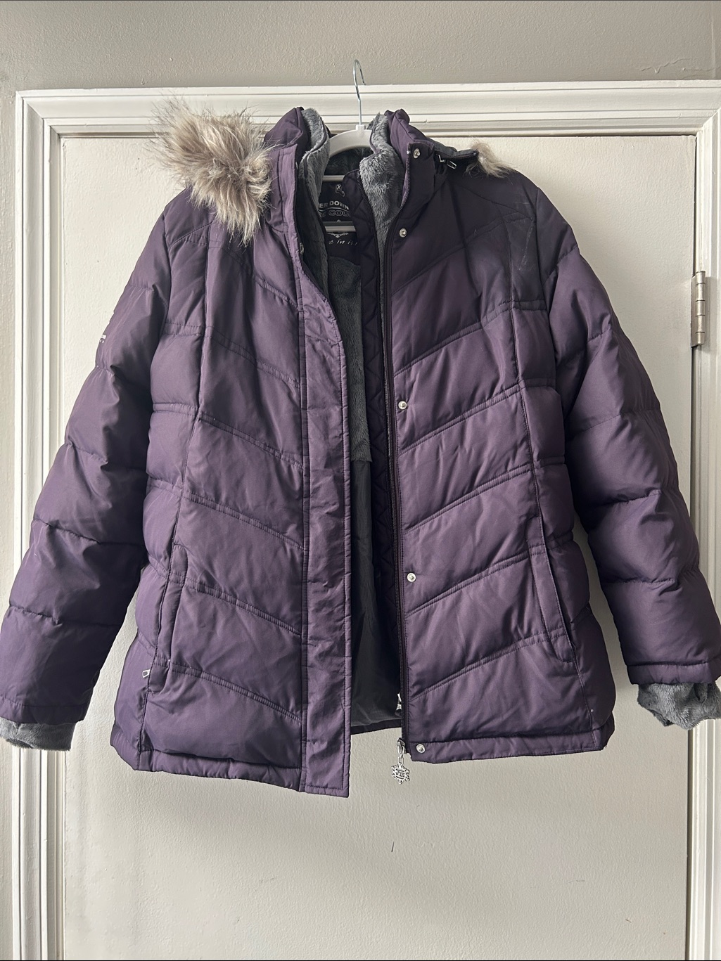 Free Country Purple Puffer Jacket With Faux Fur Trim
